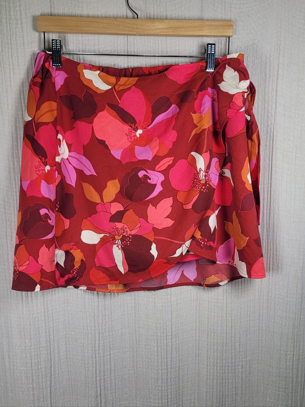 DR2 Bold Floral Wrap Mini Skirt in Red, Pink and Orange Tones